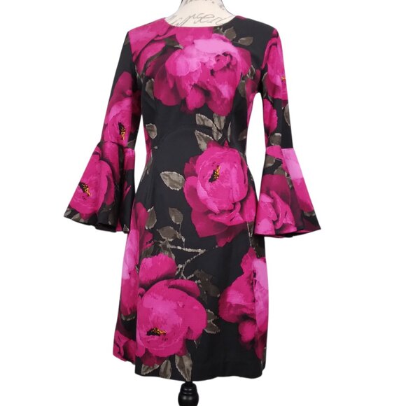 Trina Turk  | Splendid Bell Sleeve Dress Fitted Black Fuchsia | Size 8 - Picture 1 of 12